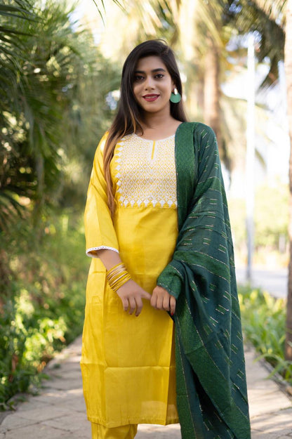 Yellow South Silk Fully Stitched Ethnic Set With Dupatta