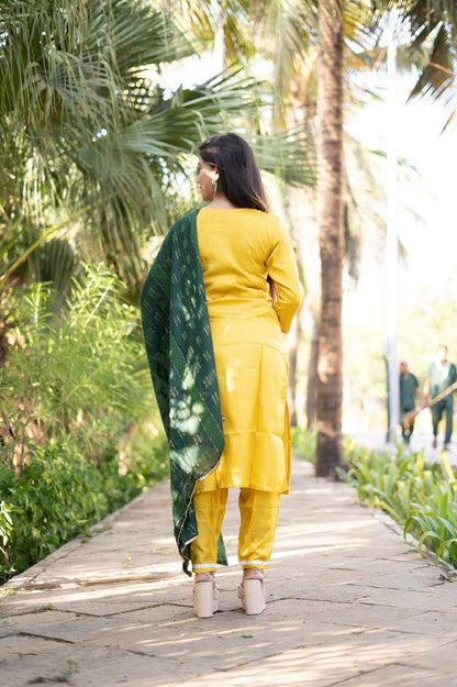 Yellow South Silk Fully Stitched Ethnic Set With Dupatta