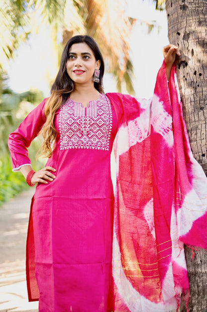 Pink South Silk Fully Stitched Ethnic Set With Dupatta
