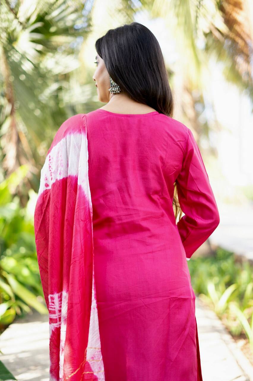 Pink South Silk Fully Stitched Ethnic Set With Dupatta
