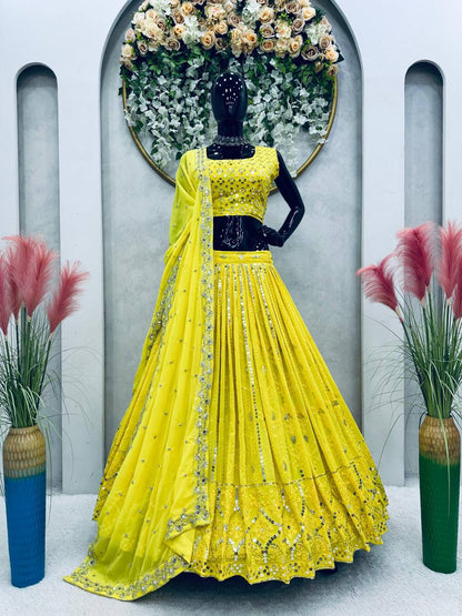 Elegant Yellow Colour Sequence Embroidary Work Lehenga Choli With Can Can And Beautiful Desinger Blouse