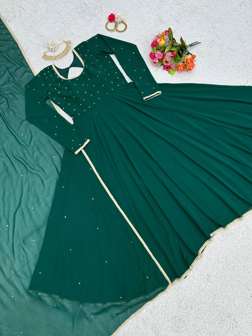 Amezing Green Colour Full Stiched Moti Worked Gown With Beautiful Lace