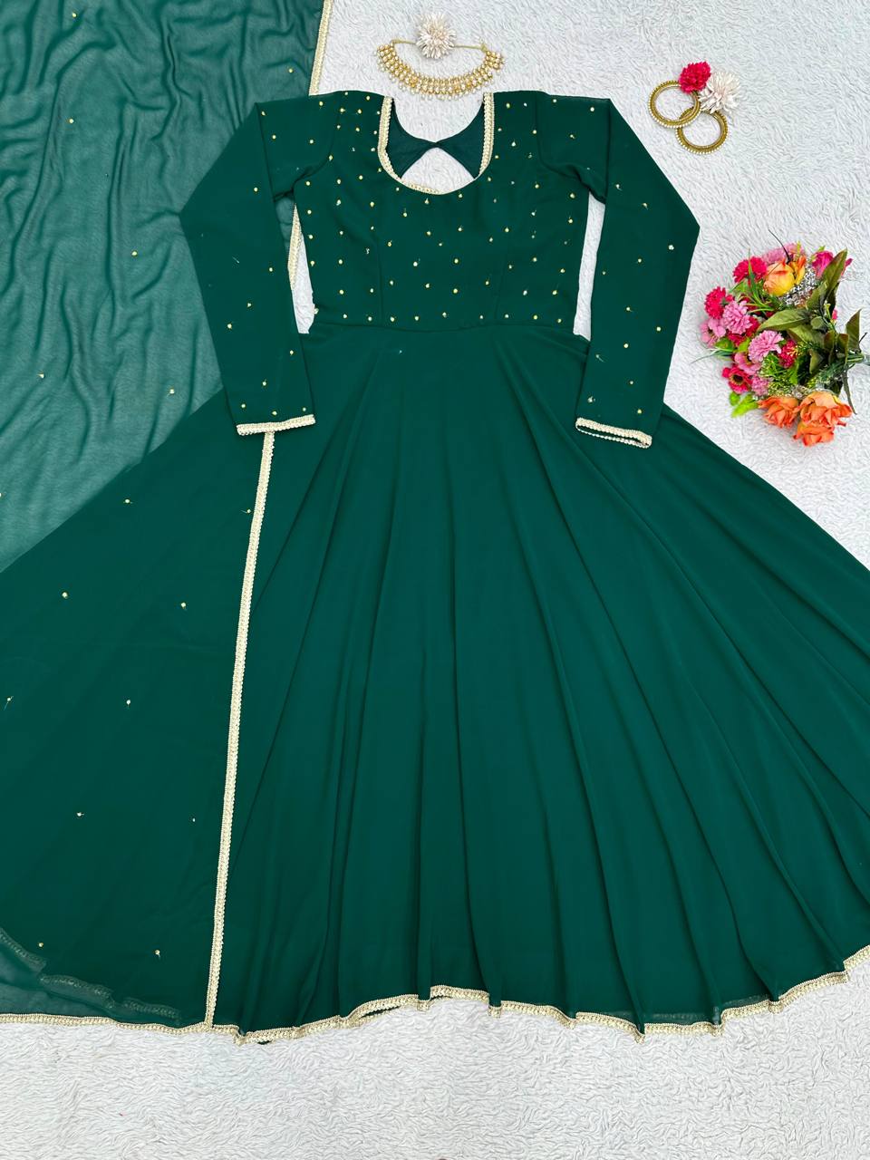 Amezing Green Colour Full Stiched Moti Worked Gown With Beautiful Lace
