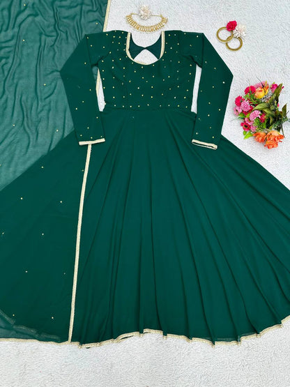 Amezing Green Colour Full Stiched Moti Worked Gown With Beautiful Lace