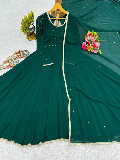 Amezing Green Colour Full Stiched Moti Worked Gown With Beautiful Lace