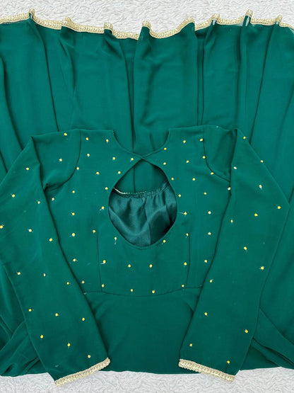 Amezing Green Colour Full Stiched Moti Worked Gown With Beautiful Lace