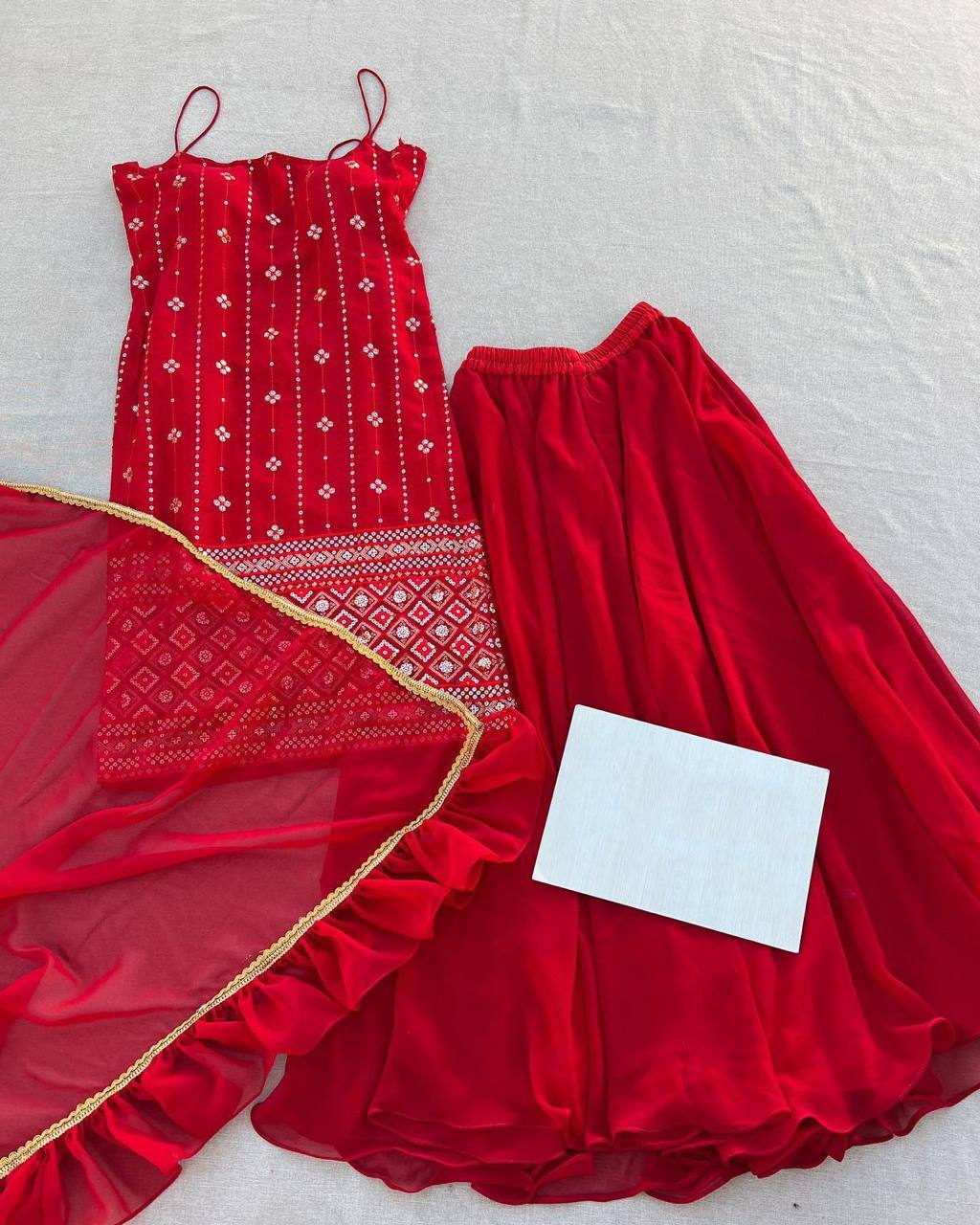 Fancy Sleev Less Red Colour Full Stiched Sarara Suit