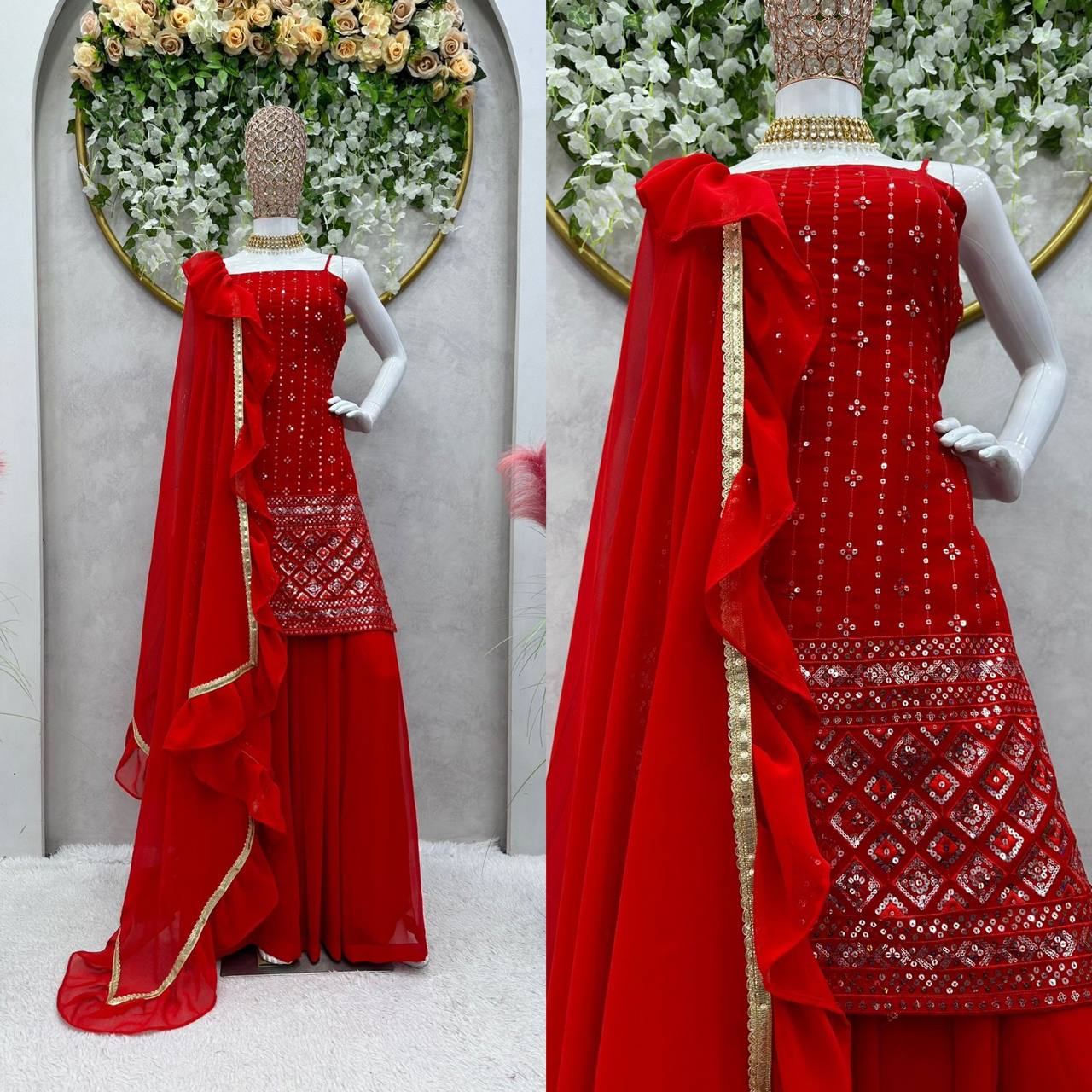 Fancy Sleev Less Red Colour Full Stiched Sarara Suit