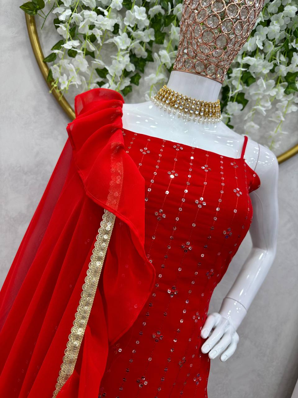 Fancy Sleev Less Red Colour Full Stiched Sarara Suit