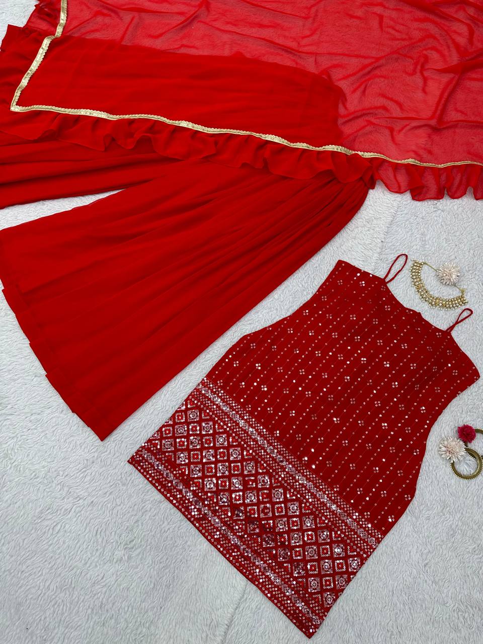 Fancy Sleev Less Red Colour Full Stiched Sarara Suit