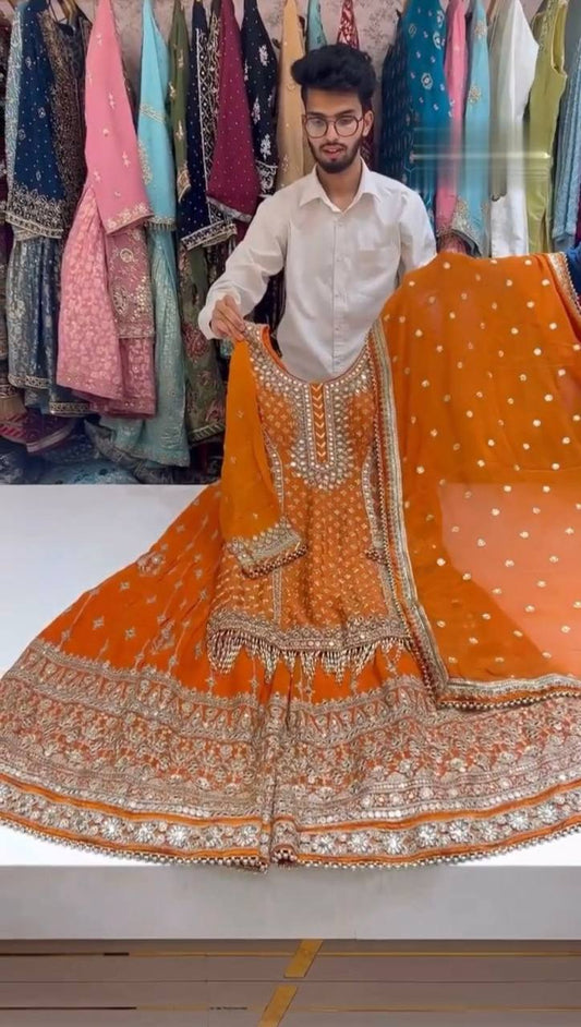 Faux Georgette Musturd Colour Heavy Embroidary And Sequence Worked Wedding Wear Sharara Suit Collection