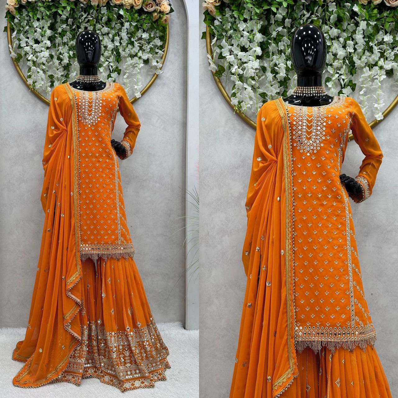 Faux Georgette Musturd Colour Heavy Embroidary And Sequence Worked Wedding Wear Sharara Suit Collection