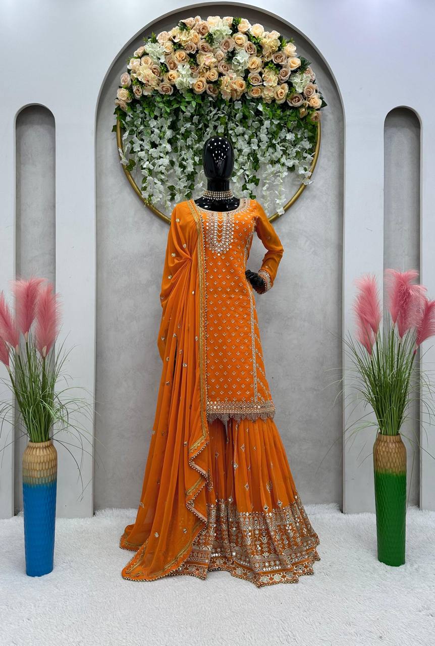 Faux Georgette Musturd Colour Heavy Embroidary And Sequence Worked Wedding Wear Sharara Suit Collection