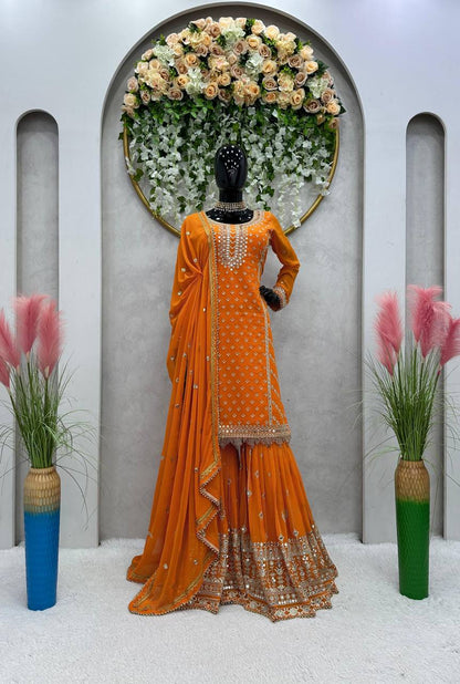 Faux Georgette Musturd Colour Heavy Embroidary And Sequence Worked Wedding Wear Sharara Suit Collection