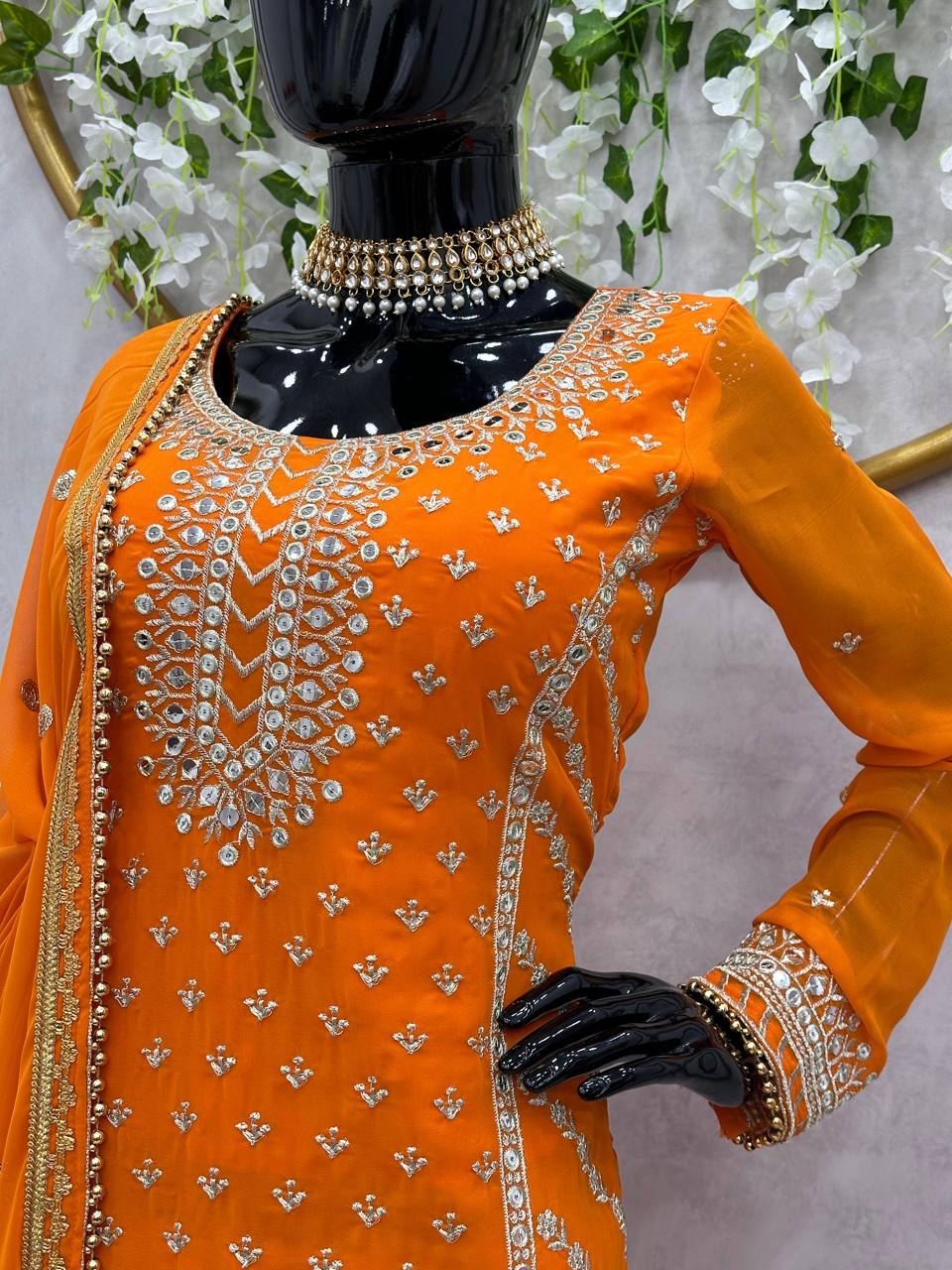 Faux Georgette Musturd Colour Heavy Embroidary And Sequence Worked Wedding Wear Sharara Suit Collection