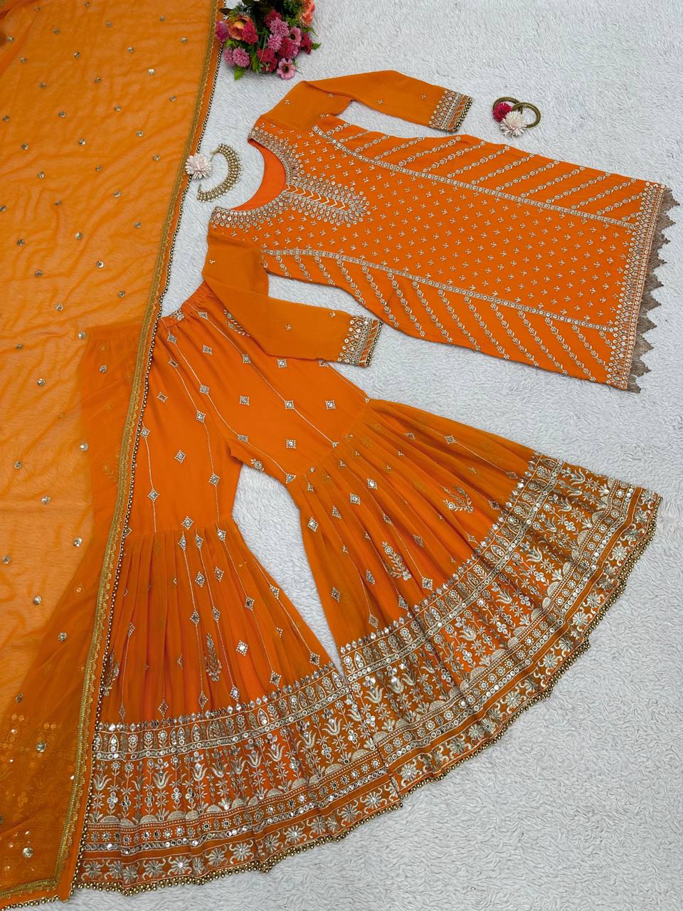 Faux Georgette Musturd Colour Heavy Embroidary And Sequence Worked Wedding Wear Sharara Suit Collection