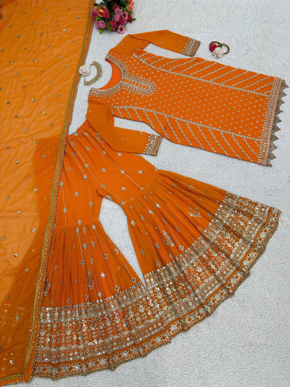 Faux Georgette Musturd Colour Heavy Embroidary And Sequence Worked Wedding Wear Sharara Suit Collection