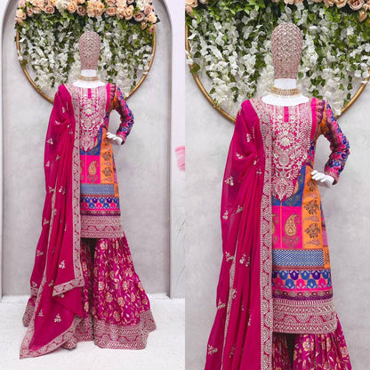 Designer Pink Colour Thread And Sequence Worked Full Stiched Sharara Suit With Georgette Duppata