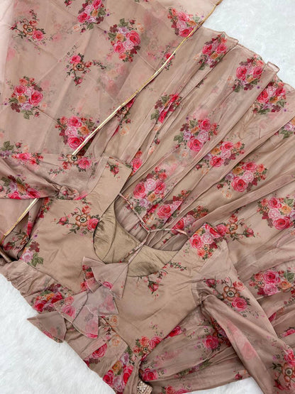 Chocalate Color Organza Silk Printed Anarkali Gown Set Pant Dupatta For Girls