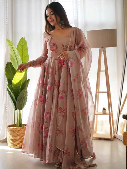 Chocalate Color Organza Silk Printed Anarkali Gown Set Pant Dupatta For Girls