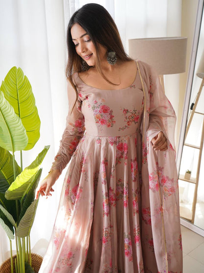 Chocalate Color Organza Silk Printed Anarkali Gown Set Pant Dupatta For Girls