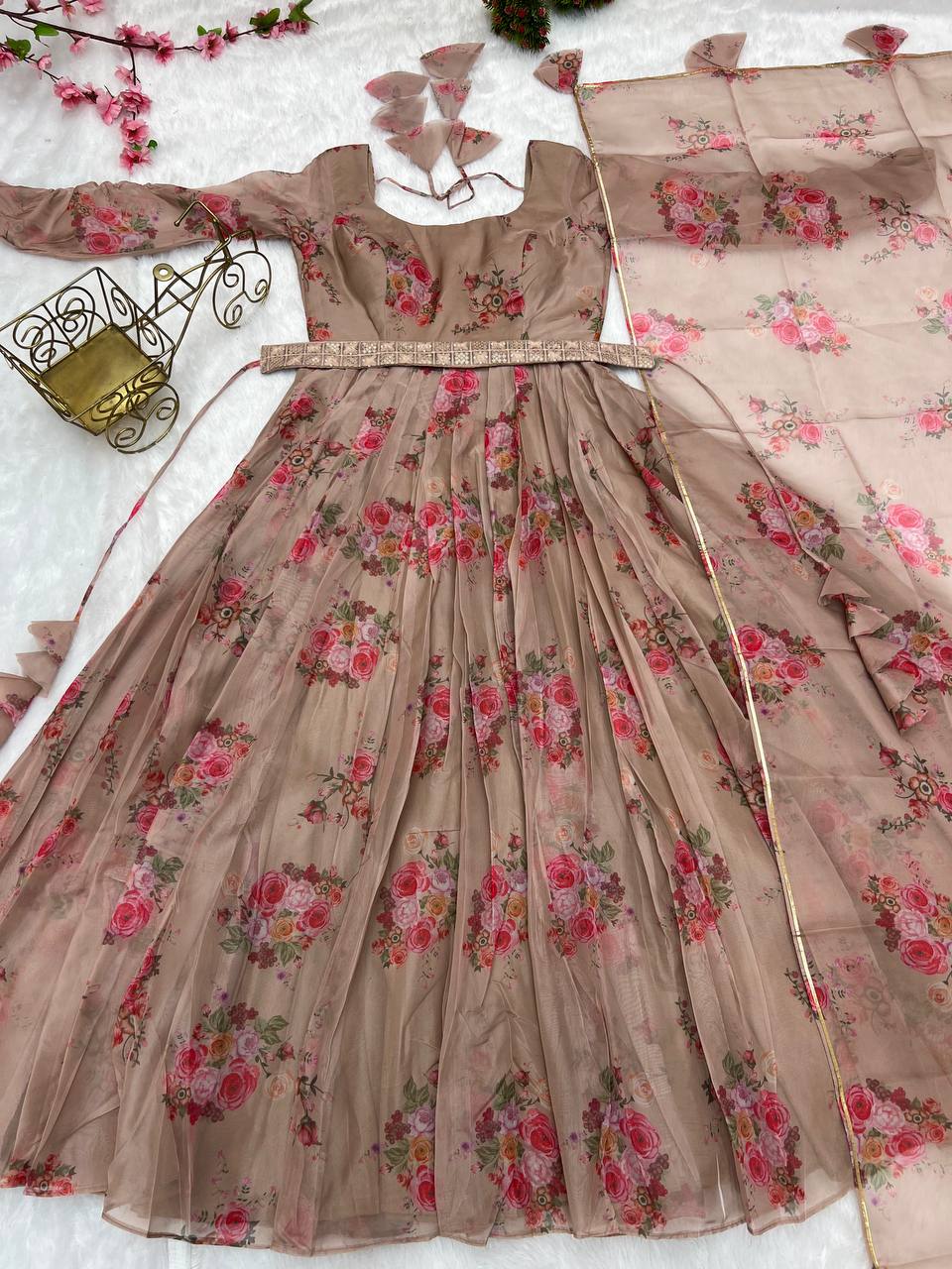 Chocalate Color Organza Silk Printed Anarkali Gown Set Pant Dupatta For Girls
