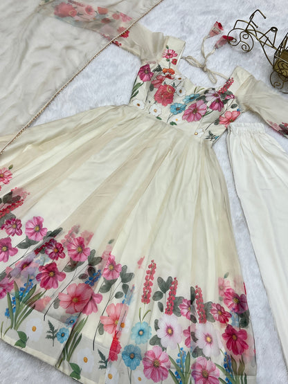 Ivory Soft Organza Silk Printed Anarkali Gown Set Pant Dupatta