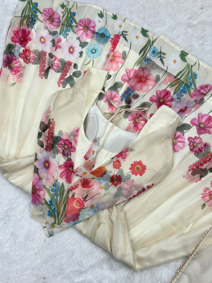 Ivory Soft Organza Silk Printed Anarkali Gown Set Pant Dupatta