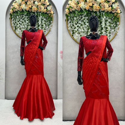 Red Color Satin Silk Embroidered Designer Lehenga Saree