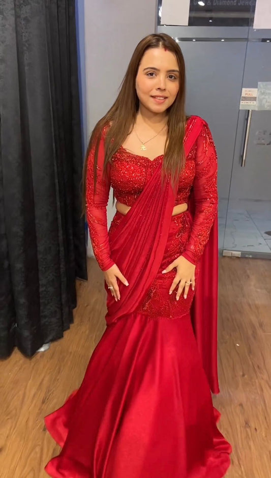 Red Color Satin Silk Embroidered Designer Lehenga Saree