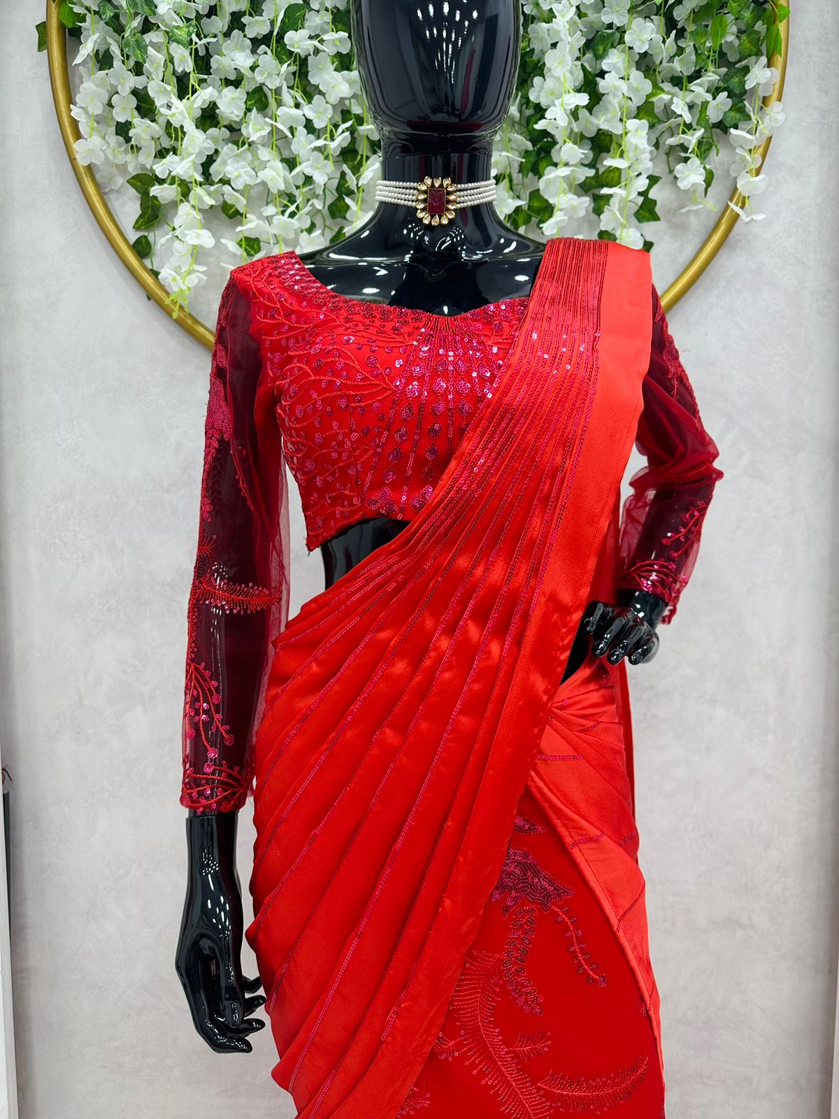 Red Color Satin Silk Embroidered Designer Lehenga Saree