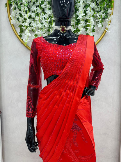 Red Color Satin Silk Embroidered Designer Lehenga Saree