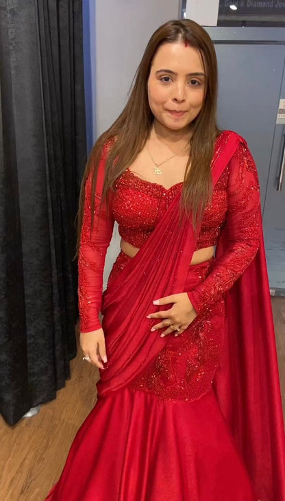 Red Color Satin Silk Embroidered Designer Lehenga Saree