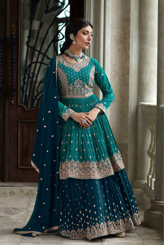 Pleasing Firozi Color Full Stitched Georgette Sharara Suit For Women