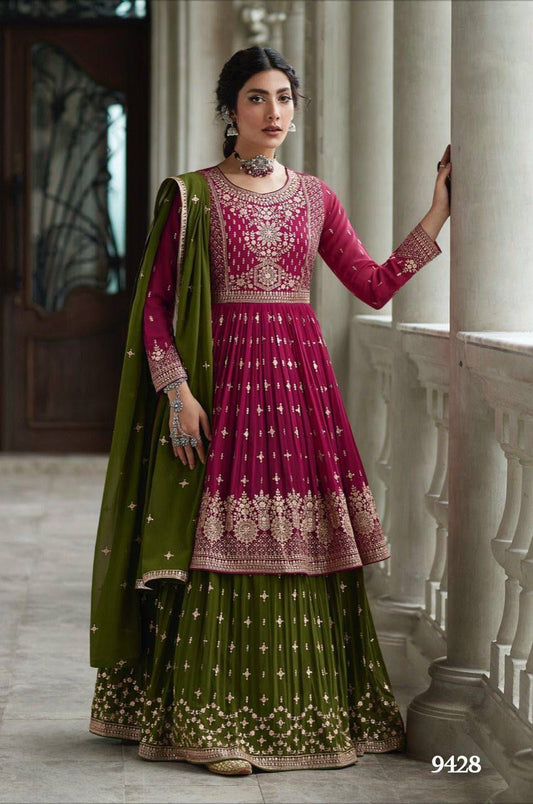 Delightful Pink Green Combination Full Stitched Georgette Sharara Suit