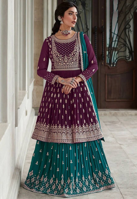 Attractive Wine Firozi Color Full Stitched Georgette Sharara Suit For Women