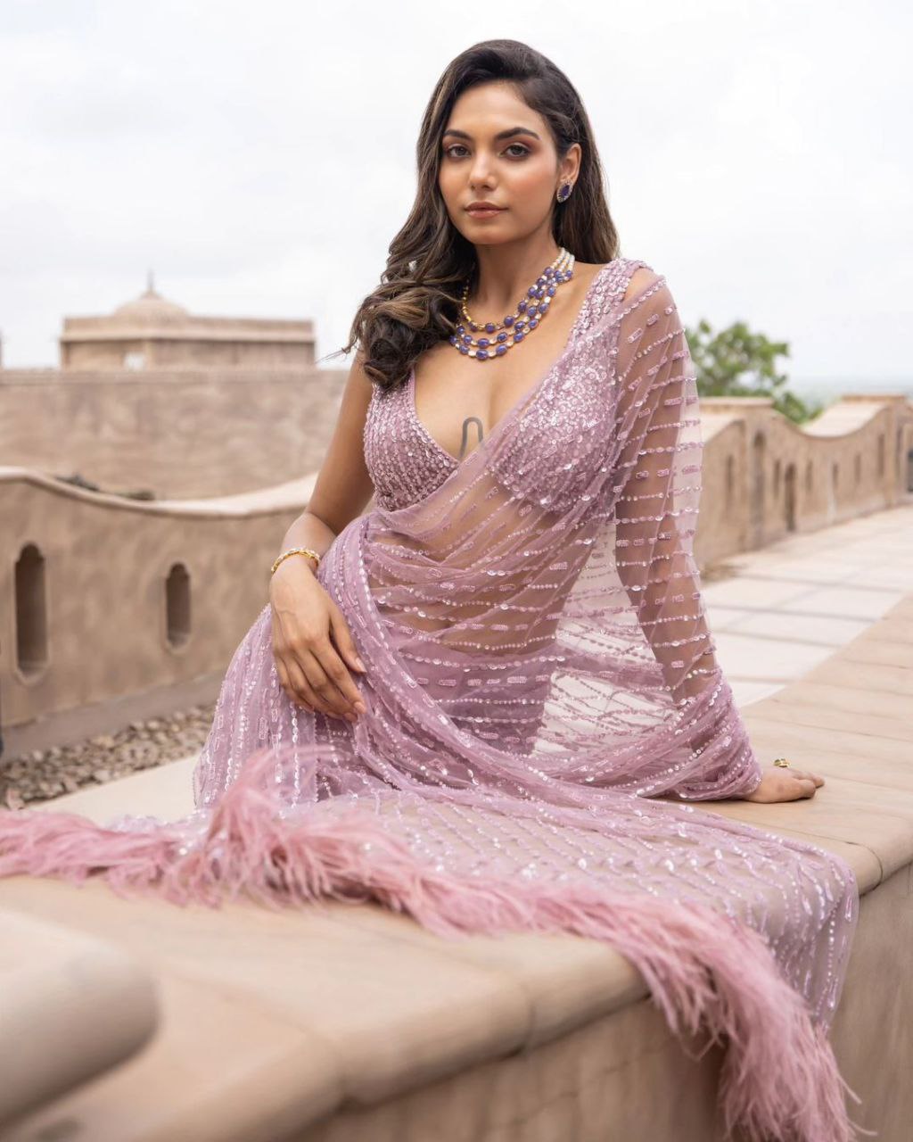 Onion Color Soft Net Sequence Work Saree