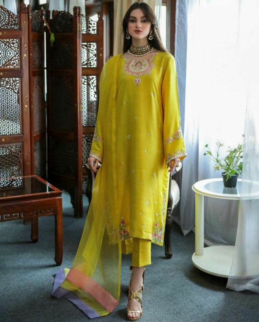 Artistic Straight Cut Lemon Yellow Georgette Semi Stitched Suit