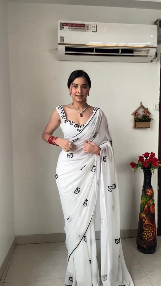 1 Min. Ready to wear Georgette White Saree