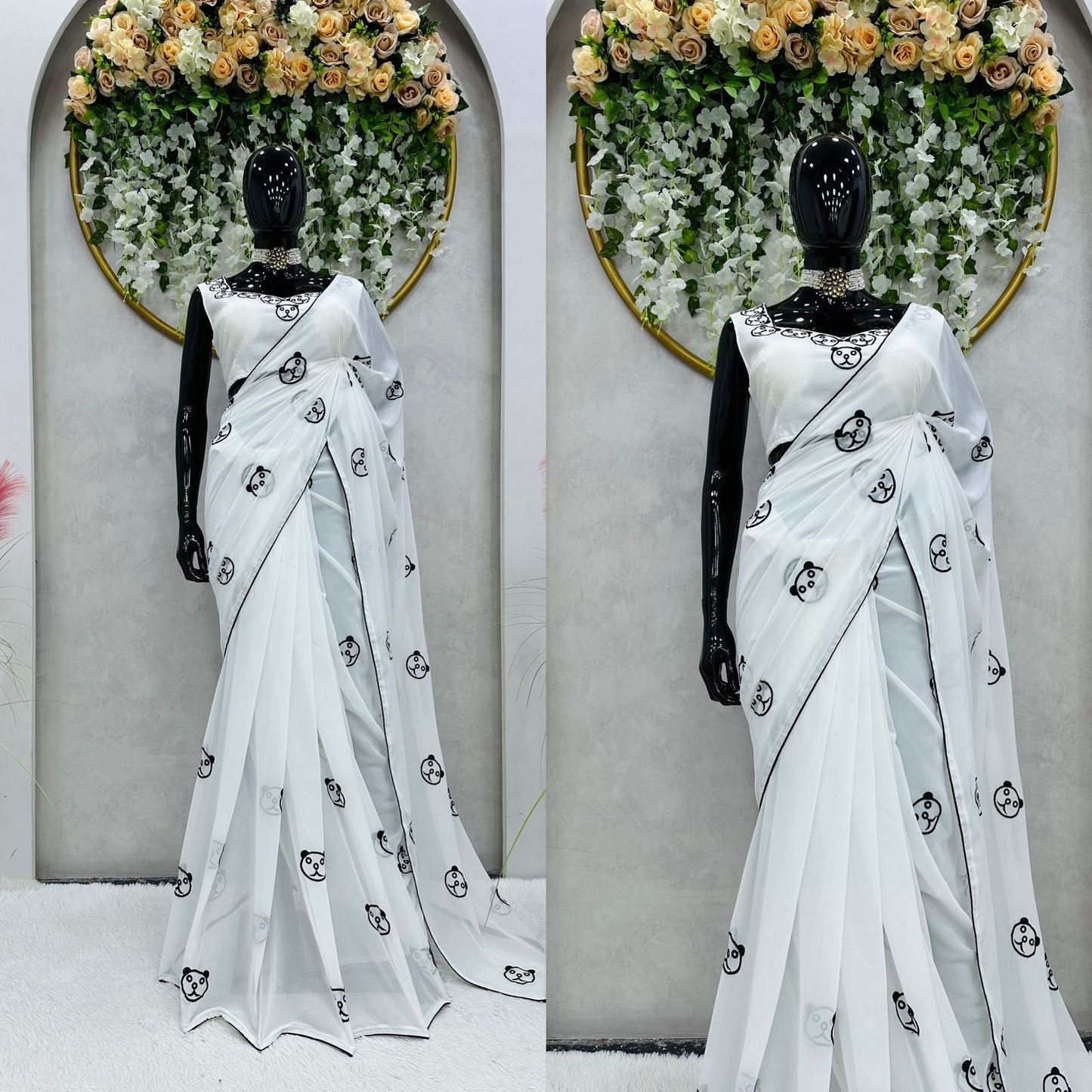 1 Min. Ready to wear Georgette White Saree