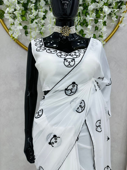 1 Min. Ready to wear Georgette White Saree